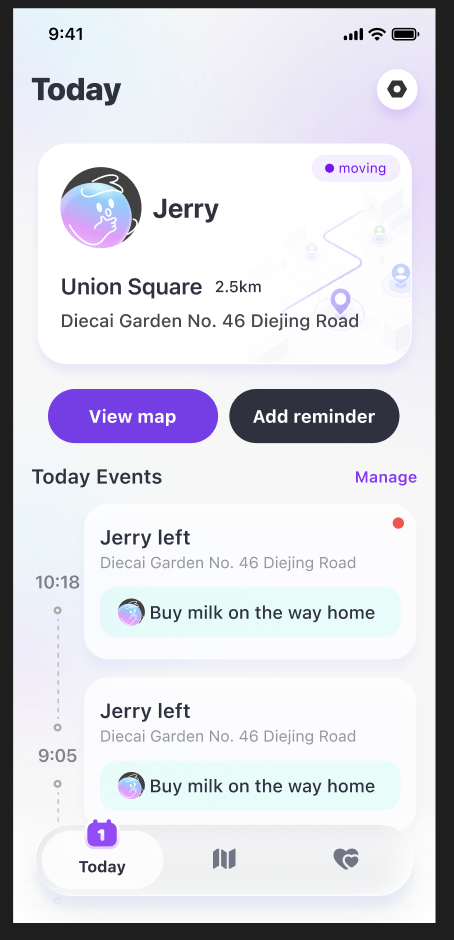 Find My 365 home screen showing today's events, a family member's live status, and quick actions to view the map or add a reminder