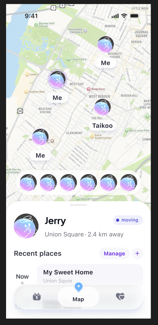 Find My 365 map screen showing family members' avatars placed across a neighborhood map, with a card for Jerry and a list of recent places
