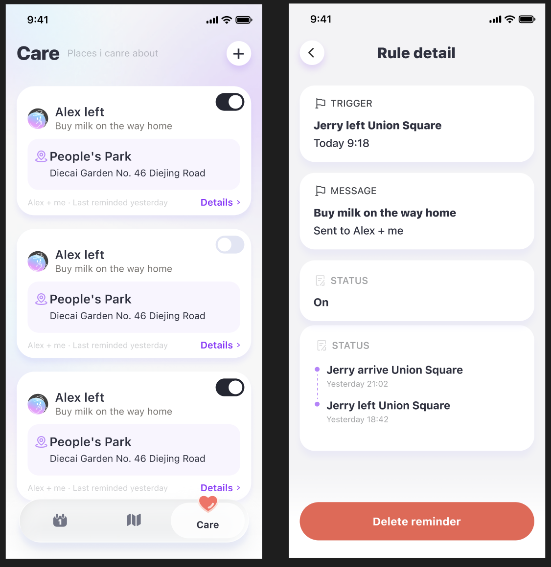 Find My 365 Care screen listing place-based reminder rules with toggles, alongside a Rule detail screen showing a trigger, message and status history